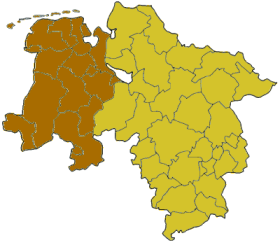 Karte des Bundeslandes Niedersachsen mit dem Gebiet des Bezirks Weser-Ems
